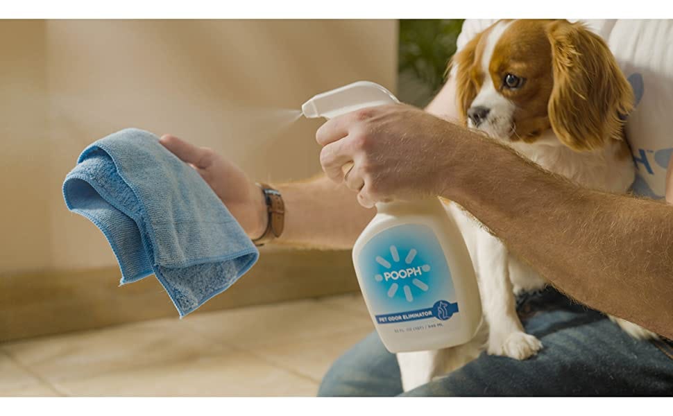 Man spraying Pooph on Towel with Puppy