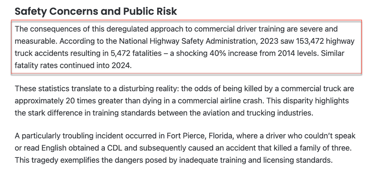 Infographic titled Safety Concerns and Public Risk detailing the consequences of deregulated commercial driver training, showing 5.47 fatalities per some measure with a 40 percent increase from 2014 levels continuing into 2024, comparing it to greater risk than commercial airline crashes, highlighting stark difference in training standards between aviation and trucking industries, and describing a tragic incident in Florida where a driver who could not speak or read English obtained a CDL and caused an accident killing a family of three, exemplifying dangers of inadequate standards.