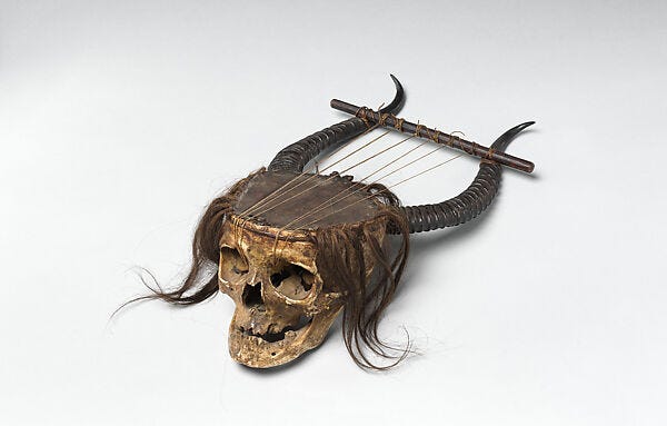 Lyre, Human skull, wood, antelope horn, skin, gut, hair, Central African Lyre, Human skull, wood, antelope horn, skin, gut, hair, Central African