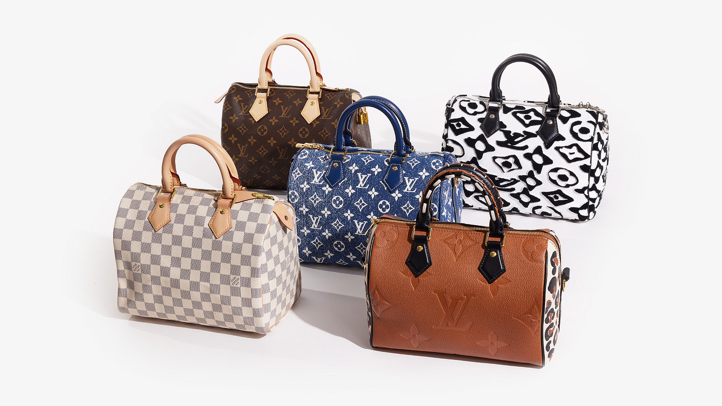 Timeline showing Louis Vuitton Speedy bag from 1980, 1990, 2000, and 2026