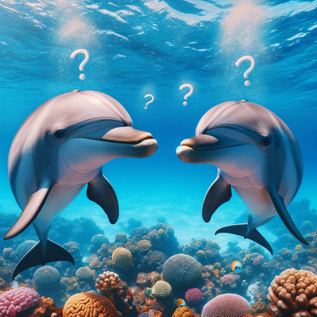 Two dolphins in the ocean, facing each other and imitating each other's movements with a confused expression. They are surrounded by clear blue water and colorful coral reefs. The dolphins look playful yet puzzled, creating a fun and lively underwater scene. Two dolphins in the ocean, facing each other and imitating each other's movements with a confused expression. They are surrounded by clear blue water and colorful coral reefs. The dolphins look playful yet puzzled, creating a fun and lively underwater scene.