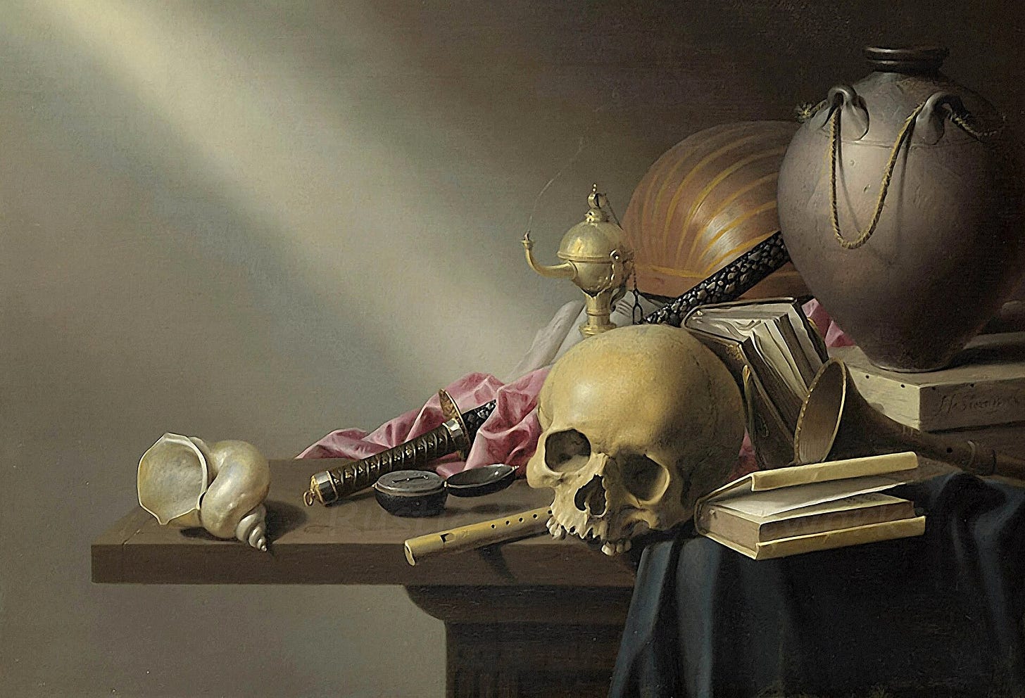 Still Life: An Allegory of the Vanities of Human Life is a Dutch vanitas which follows the memento mori theme.