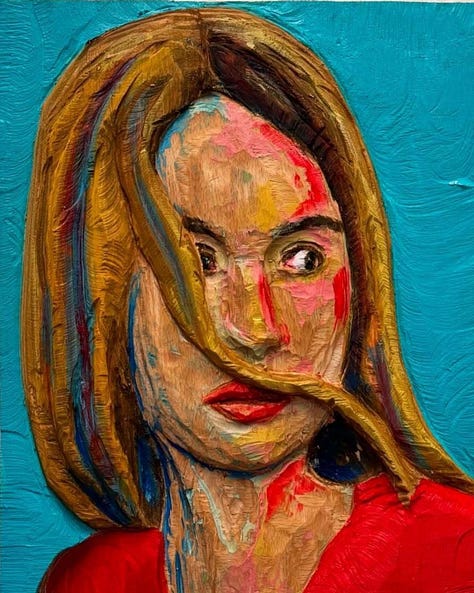 Wooden sculpture from Tina Schneider’s Portrait Series, carved with raw surfaces and expressive form. Courtesy of the artist.