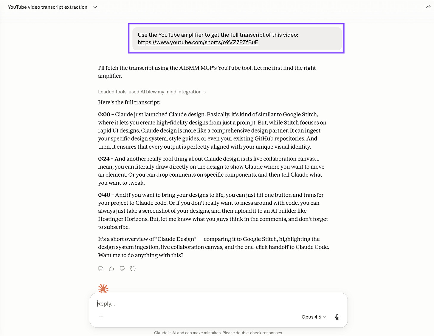Screenshot of Claude extracting a full YouTube video transcript with timestamps using the AI Blew My Mind YouTube amplifier, showing the prompt and the returned transcript.