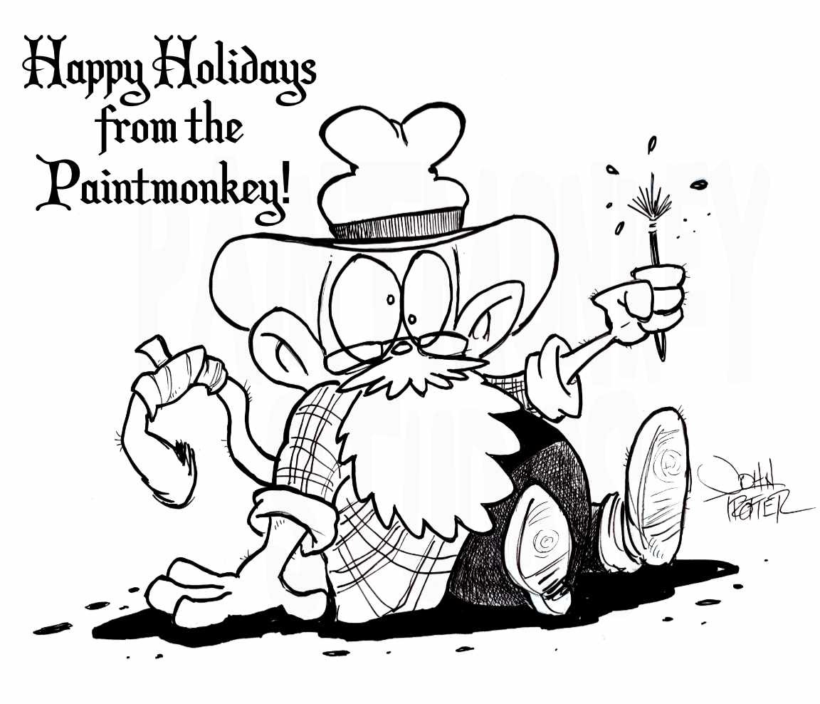 Ink drawing of The Paintmonkey sitting dazedly on the ground holding up a destroyed brush with paint flying off.