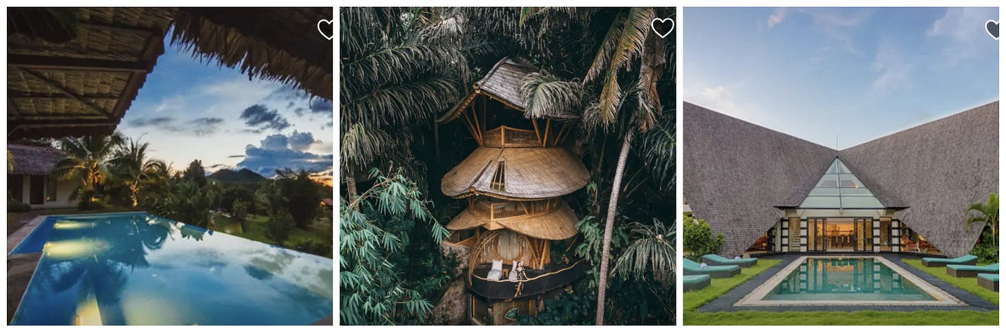 Three photos showing gorgeous looking Airbnb rentals in the tropics, including two with shimmering pools and one fantastical looking bamboo treehouse. 