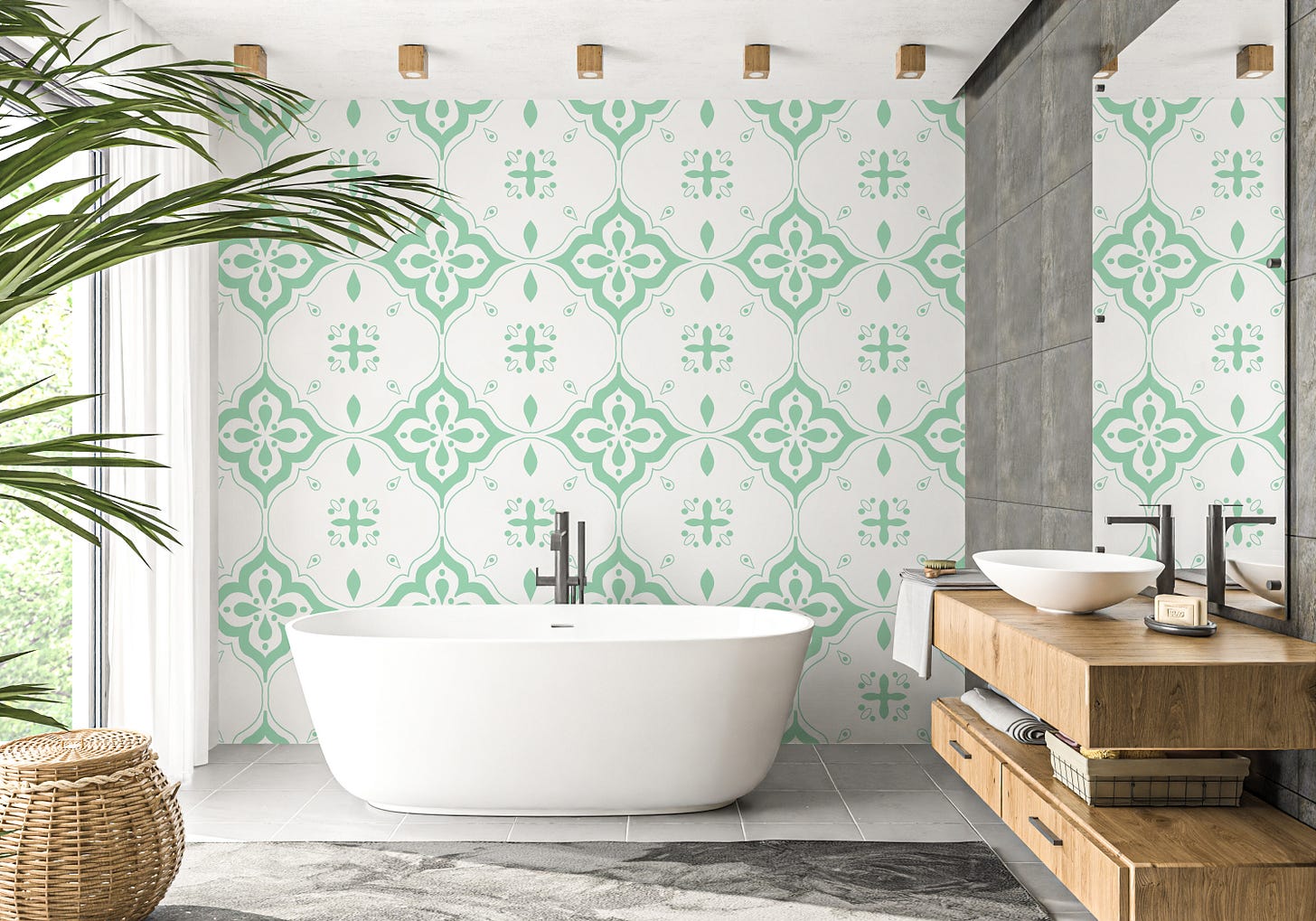 elegant bathroom in the tropics with a stunning pistachio mint faux tile wallpaper