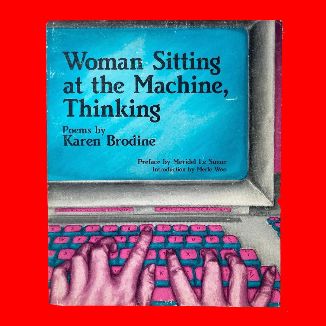 On the cover of the book »Woman Sitting at the Machine, Thinking« is a drawing by Eve Anthony. The drawing depicts a pair of hands hovering above a pink and blue computer keyboard, mid-action. Above the keyboard is a blue glowing desktop monitor screen. The title of the book and the author's name is typeset in black across the blue screen.