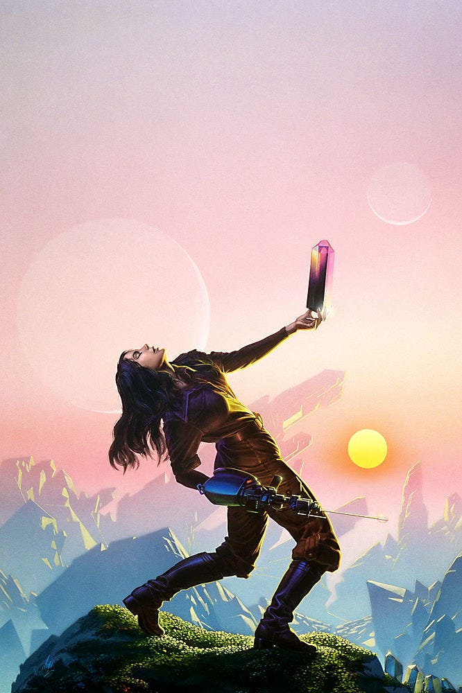 A raven haired woman in brown jumpsuit and knee-high boots holds out a crystal, black at its base but transparent at the faceted edges. It shows through magenta against a pale pink sky. Her knees are bent, her back arched, straining in an awkward pose. Her eyes are pressed closed overcome with ecstasy. A large moon frames her head and one shoulder. A high-tech gauntlet covers her right hand up to her wrist, projecting outward in a slender needle with a bubble forming at its tip. The rock upon which she stands is covered with green alien lichen. Cool jagged mountains fill the low background with crystalline peaks pointing in chaotic directions—up and at diagonals to frame a sun burning intense yellow surrounded by orange haze. A second smaller moon rises higher with a similar crescent glow. A raven haired woman in brown jumpsuit and knee-high boots holds out a crystal, black at its base but transparent at the faceted edges. It shows through magenta against a pale pink sky. Her knees are bent, her back arched, straining in an awkward pose. Her eyes are pressed closed overcome with ecstasy. A large moon frames her head and one shoulder. A high-tech gauntlet covers her right hand up to her wrist, projecting outward in a slender needle with a bubble forming at its tip. The rock upon which she stands is covered with green alien lichen. Cool jagged mountains fill the low background with crystalline peaks pointing in chaotic directions—up and at diagonals to frame a sun burning intense yellow surrounded by orange haze. A second smaller moon rises higher with a similar crescent glow.