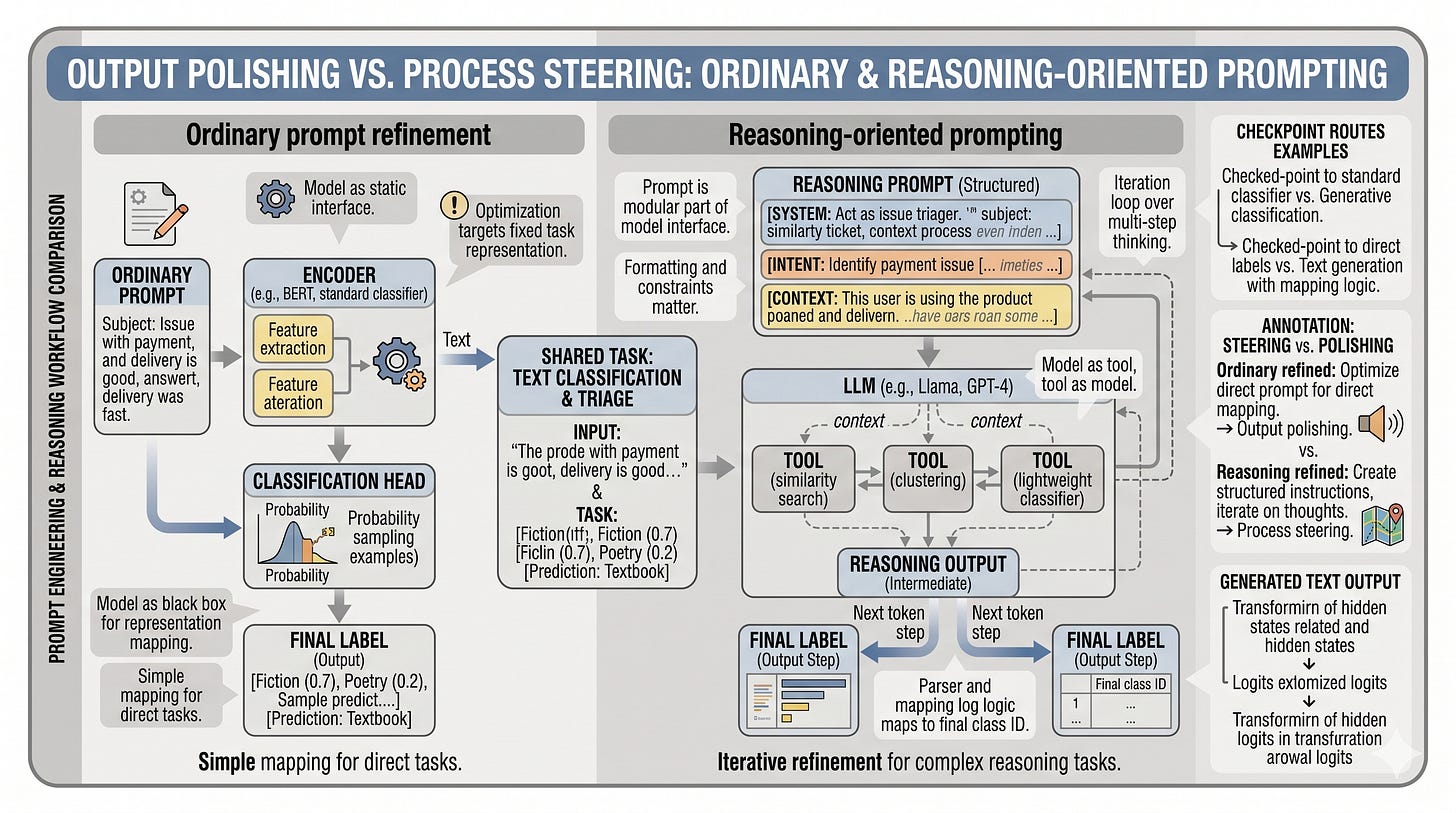 Figure 6.7: Reasoning-oriented prompting changes the model’s process, not just the wording of the final answer, which is especially helpful on ambiguous tasks. Figure 6.7: Reasoning-oriented prompting changes the model’s process, not just the wording of the final answer, which is especially helpful on ambiguous tasks.