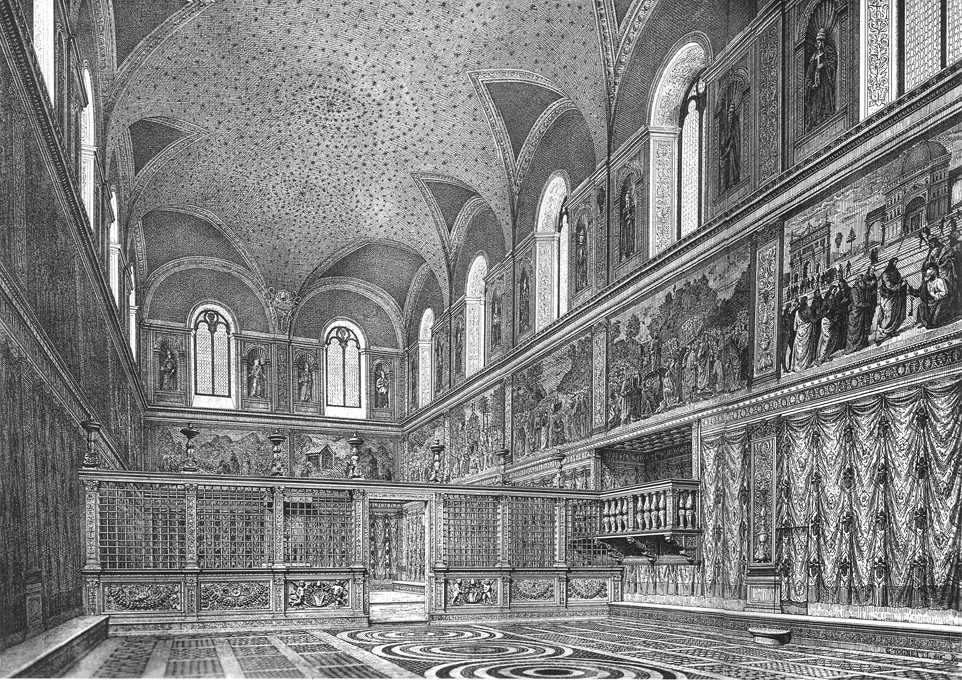 Reconstruction of the Sistine Chapel interior before Michelangelo's ceiling, with its starry vault. Nineteenth-century print.