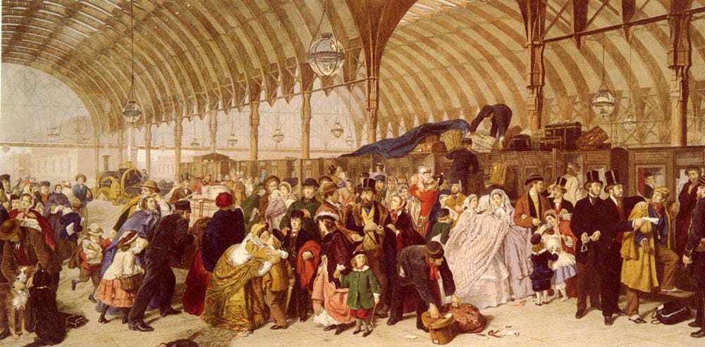 A crowd of travelers and porters on a platform under the iron and glass roof of Paddington station, with a train waiting at the left A crowd of travelers and porters on a platform under the iron and glass roof of Paddington station, with a train waiting at the left