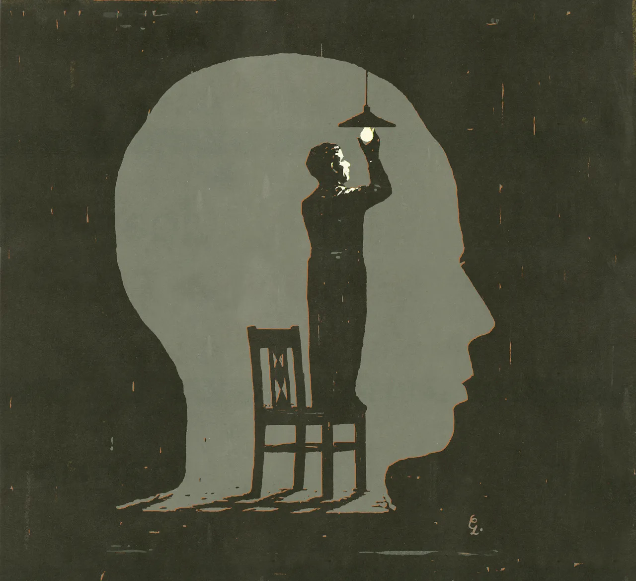 A figure changing a light inside the silhouette of a head.