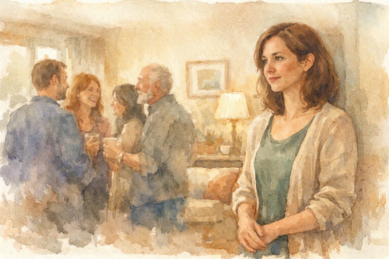 Sensitive woman at a social gathering noticing subtle social dynamics and emotional awareness others may miss. Sensitive woman at a social gathering noticing subtle social dynamics and emotional awareness others may miss.
