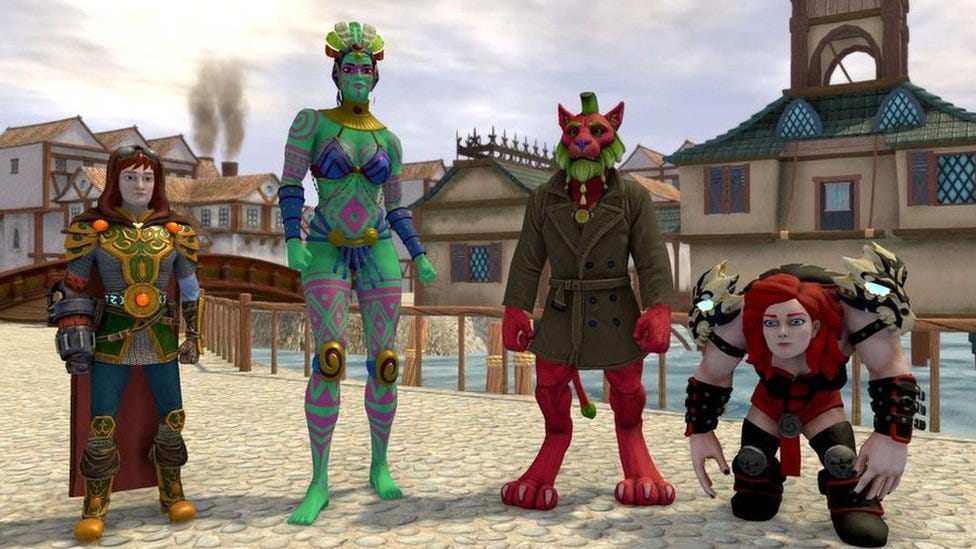 A wizard, a giant green woman, a pink wolf in a rain mac and a hunchback - the in-game avatars of the cast of Dead Pixels A wizard, a giant green woman, a pink wolf in a rain mac and a hunchback - the in-game avatars of the cast of Dead Pixels