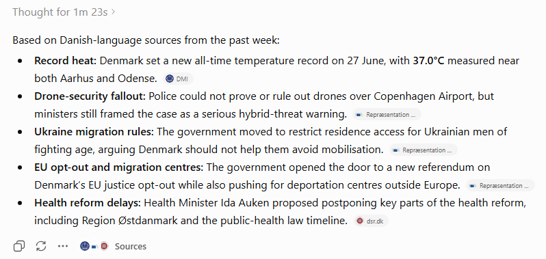 ChatGPT screenshot showing Denmark news from Danish-language sources: record heat, drone fallout, Ukraine migration rules, EU opt-out, health reform delays.