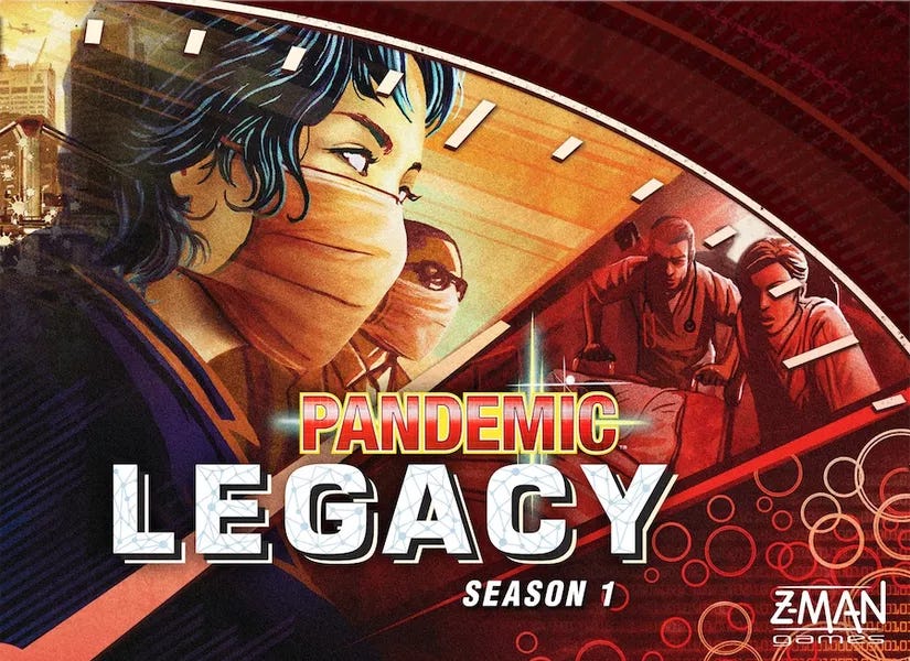 The cover of Pandemic Legacy Season 1, primarily red with a dial or clock over an image of a doctor and other medical professionals.