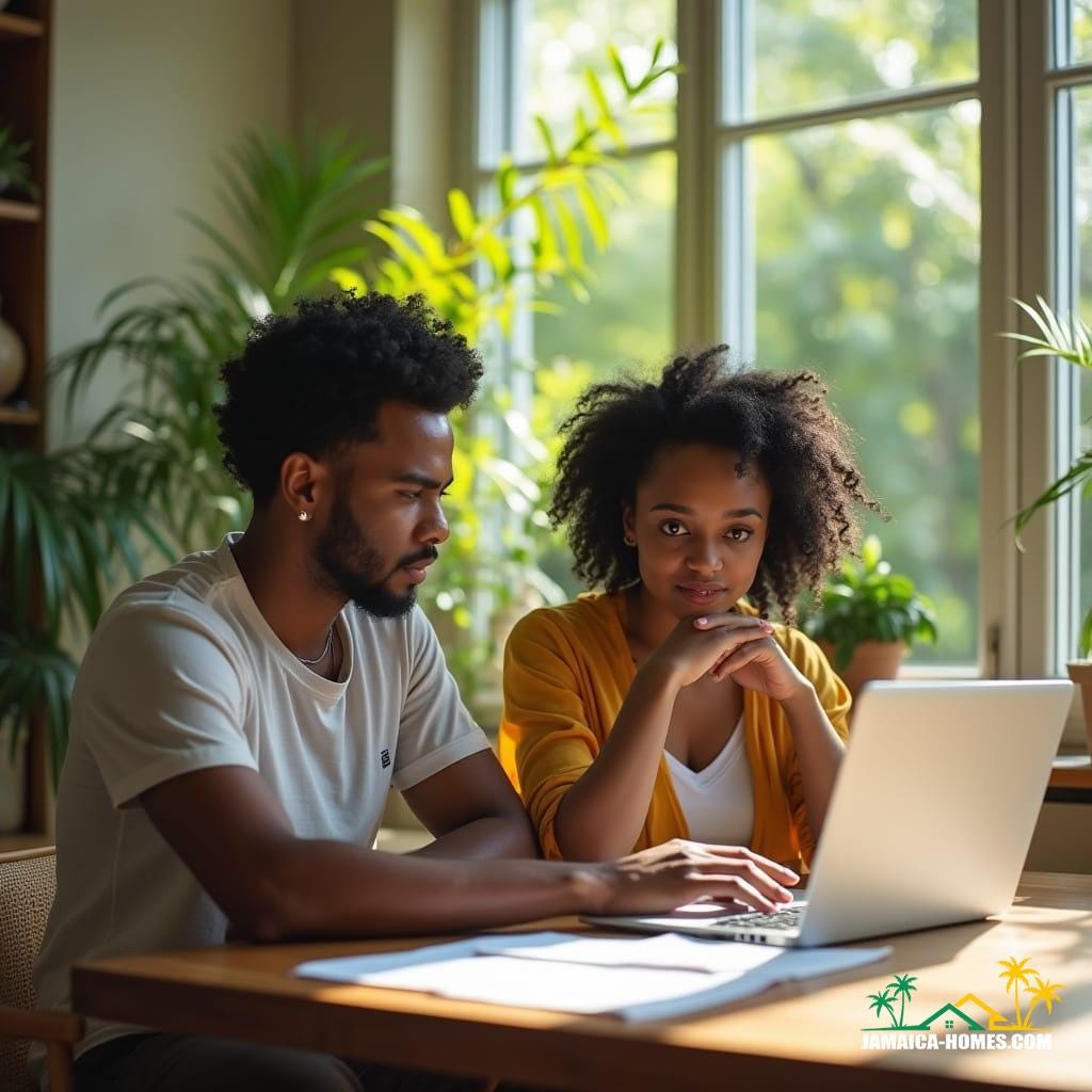 A thoughtful couple, mid-30s, sit at a table in a bright, modern Jamaican home, reviewing mortgage documents and a laptop. Sunlight streams through large windows, revealing lush tropical greenery. They wear casual, professional attire, expressions focused and contemplative. Subtle Jamaican decor or a small flag grounds the scene. Warm, hopeful, cinematic lighting enhances their partnership and financial planning. Shot on v-raptor XL with 35mm film grain, atmospheric color grading, post-processing, and a vignette, best quality masterpiece.