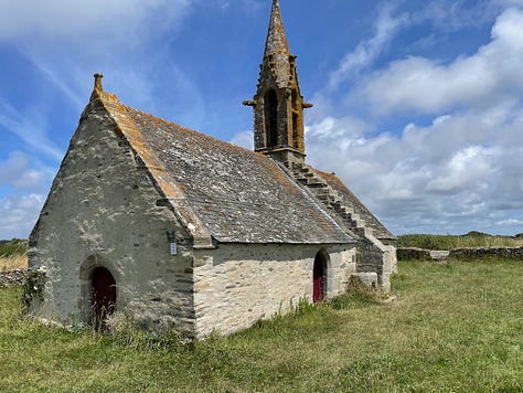 A collection of nine photos taken in Brittany, featuring a group of four friends on a hike and eight scenic coastal landscapes, including lighthouses, cliffs, boats, and traditional villages under varied summer light