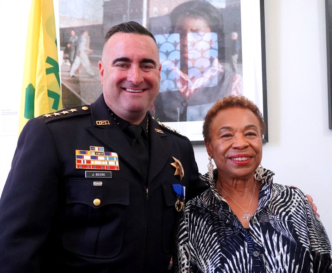 Oakland police chief James Beere and mayor Barbara Lee pose for a portrait at a press conference announcing Beere’s appointment as permanent police chief on July 29, 2026. (Image source: Instagram / @mayorbarbaralee) Oakland police chief James Beere and mayor Barbara Lee pose for a portrait at a press conference announcing Beere’s appointment as permanent police chief on July 29, 2026. (Image source: Instagram / @mayorbarbaralee)