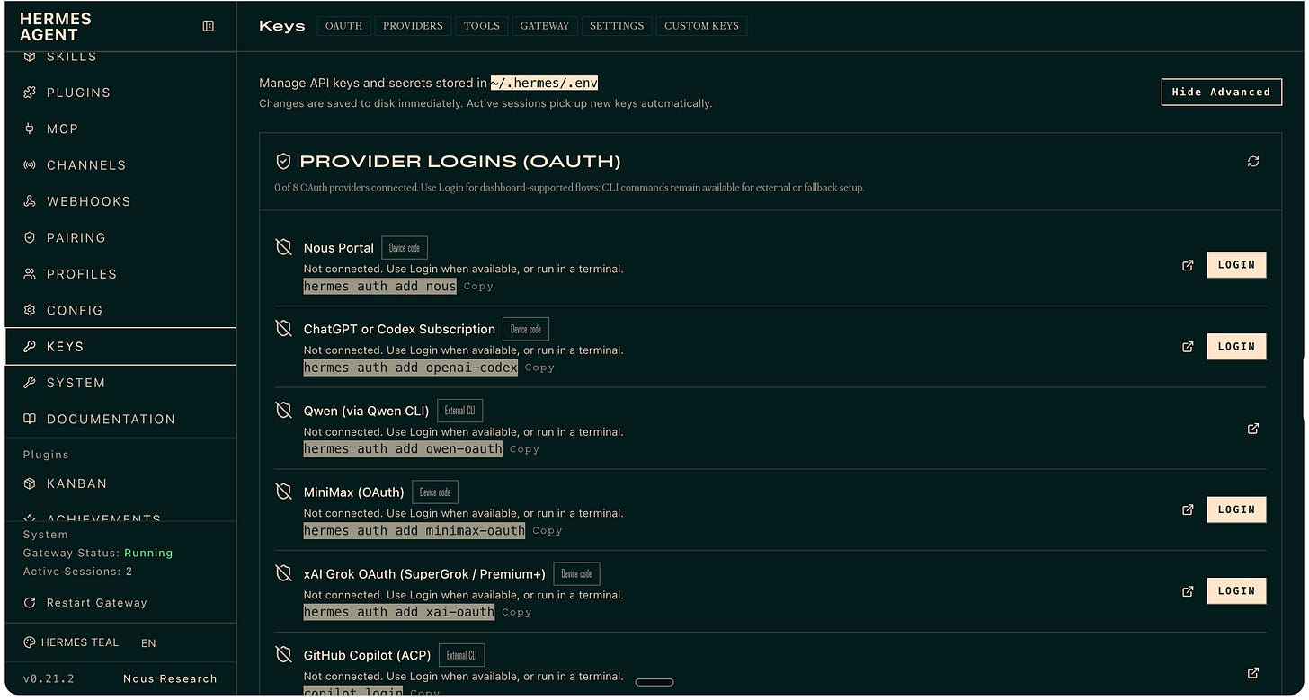 Hermes Keys screen showing provider logins for Nous Portal, ChatGPT or Codex, Qwen, MiniMax, Grok, and GitHub Copilot Hermes Keys screen showing provider logins for Nous Portal, ChatGPT or Codex, Qwen, MiniMax, Grok, and GitHub Copilot