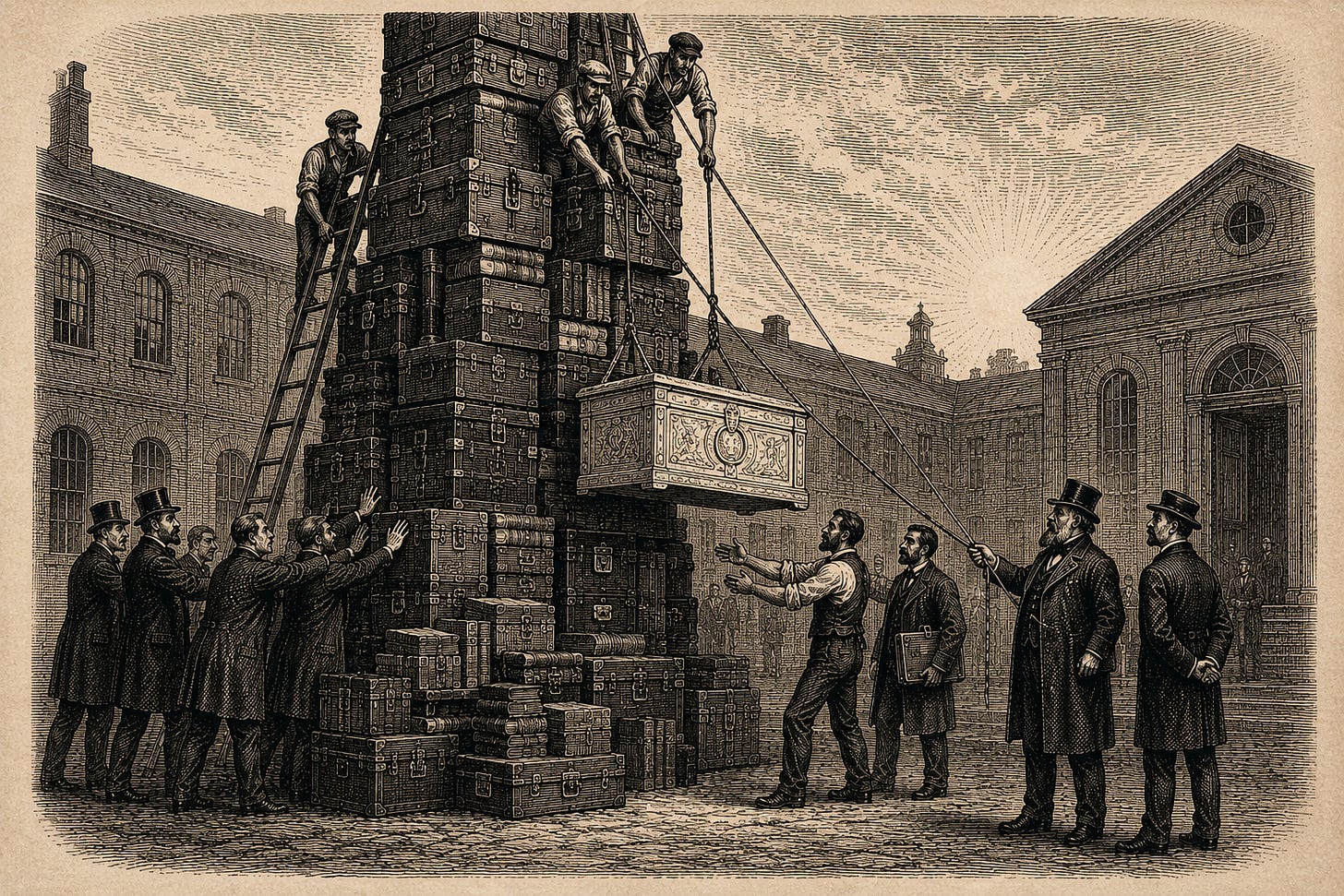Wood-engraving editorial illustration in the Thomas Nast Harper's Weekly style for Attention Capital's essay The Exit Wave, Section I: The Anatomy of One Exit. Workmen ease one finely carved, glowing chest out of a tall leaning tower of strongboxes and ledgers while bankers steady the stack and a young proprietor with financiers waits to receive it below; as the chest comes free, the tower settles straighter. The image renders Sean Evans's description of the First We Feast carve-out as a Jenga piece: BuzzFeed extracted its strongest asset to steady its balance sheet, and the builders finally received a share. Keywords: Hot Ones sale, First We Feast $82.5 million, BuzzFeed convertible notes, creator economy M&A, media finance. Wood-engraving editorial illustration in the Thomas Nast Harper's Weekly style for Attention Capital's essay The Exit Wave, Section I: The Anatomy of One Exit. Workmen ease one finely carved, glowing chest out of a tall leaning tower of strongboxes and ledgers while bankers steady the stack and a young proprietor with financiers waits to receive it below; as the chest comes free, the tower settles straighter. The image renders Sean Evans's description of the First We Feast carve-out as a Jenga piece: BuzzFeed extracted its strongest asset to steady its balance sheet, and the builders finally received a share. Keywords: Hot Ones sale, First We Feast $82.5 million, BuzzFeed convertible notes, creator economy M&A, media finance.