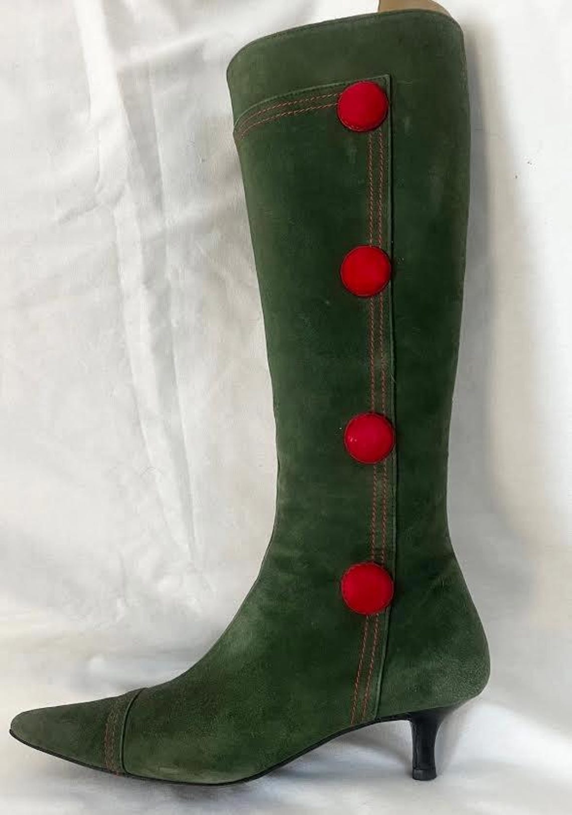 Vintage LK Bennett Green Suede Knee High Boots: Red Leather Lining, Kitten Heel image 1 Vintage LK Bennett Green Suede Knee High Boots: Red Leather Lining, Kitten Heel image 1