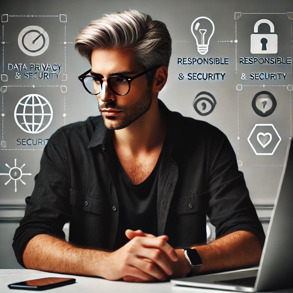 A casual man in his early 40s sitting at a desk, wearing black casual clothes with platinum hair styled neatly and tortoiseshell glasses. He is thoughtfully looking at his computer screen, which displays icons representing responsible computer usage, such as data privacy and security. The background subtly includes symbols like lightbulbs and question marks, representing contemplation and awareness. The tone is reflective and relatable, emphasizing the importance of responsible technology use.