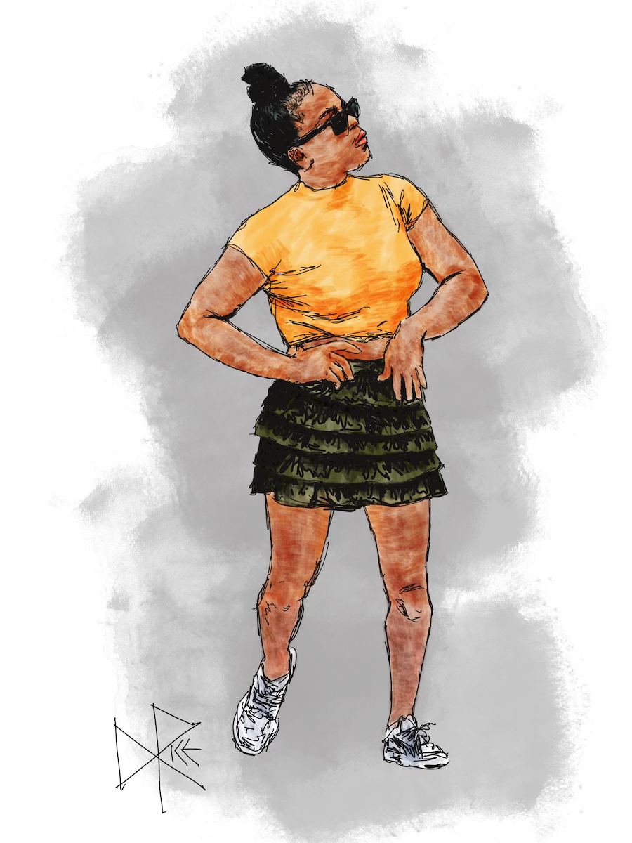A woman dances by herself while dressed in sneakers, sunglasses, yellow shirt and a short horizontally layered skirt. Sketch art by Don Rice. A woman dances by herself while dressed in sneakers, sunglasses, yellow shirt and a short horizontally layered skirt. Sketch art by Don Rice.