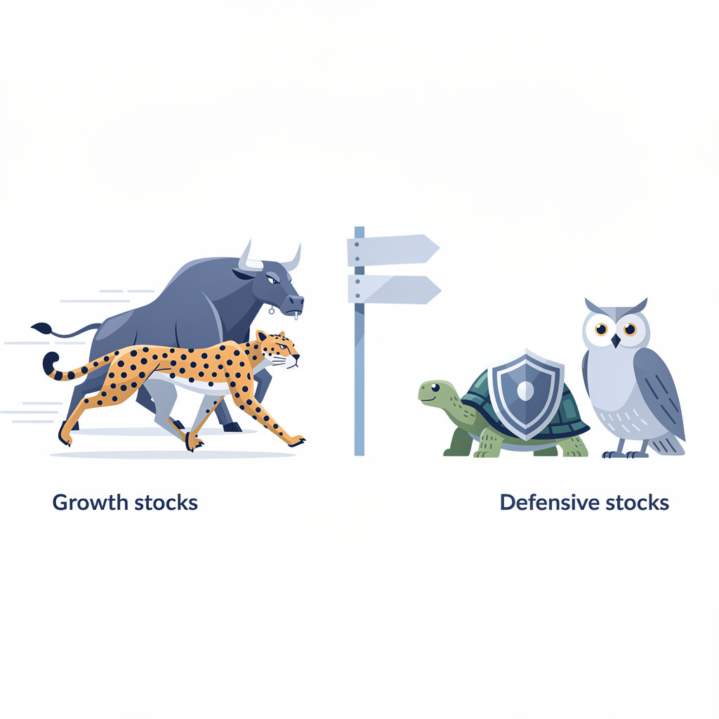 A clean, minimalist, flat-design illustration representing the stock market as a zoo. On one side, a fast cheetah (representing Growth stocks) and a strong bull. On the other side, a slow but steady tortoise with a shield (Defensive stocks) and a wise owl (Value). In the center, a simple signpost pointing to different directions. The style should be modern, professional corporate vector art, using soft blues, white, and subtle greens. No text inside the image. White background.