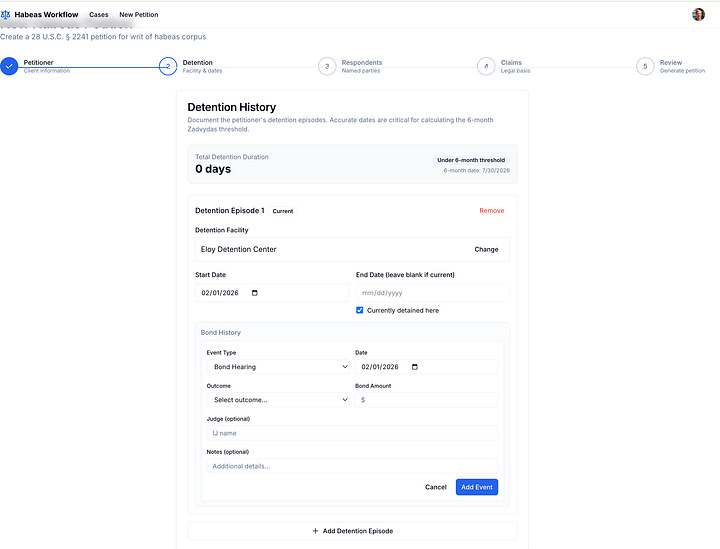 Screenshots of working prototype for petition wizard and case management workflows.