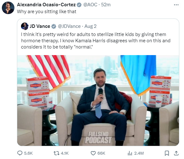 tweet from Alexandria Ocasio-Cortez that reads "Why are you sitting like that" to a screenshot of J D Vance sitting like a complete weirdo.