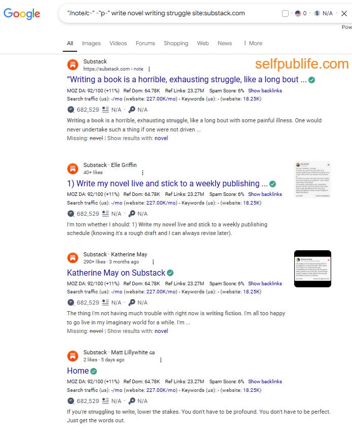 Screenshot of Google search results page for Substack Notes discussing novel writing struggles. Screenshot of Google search results page for Substack Notes discussing novel writing struggles.