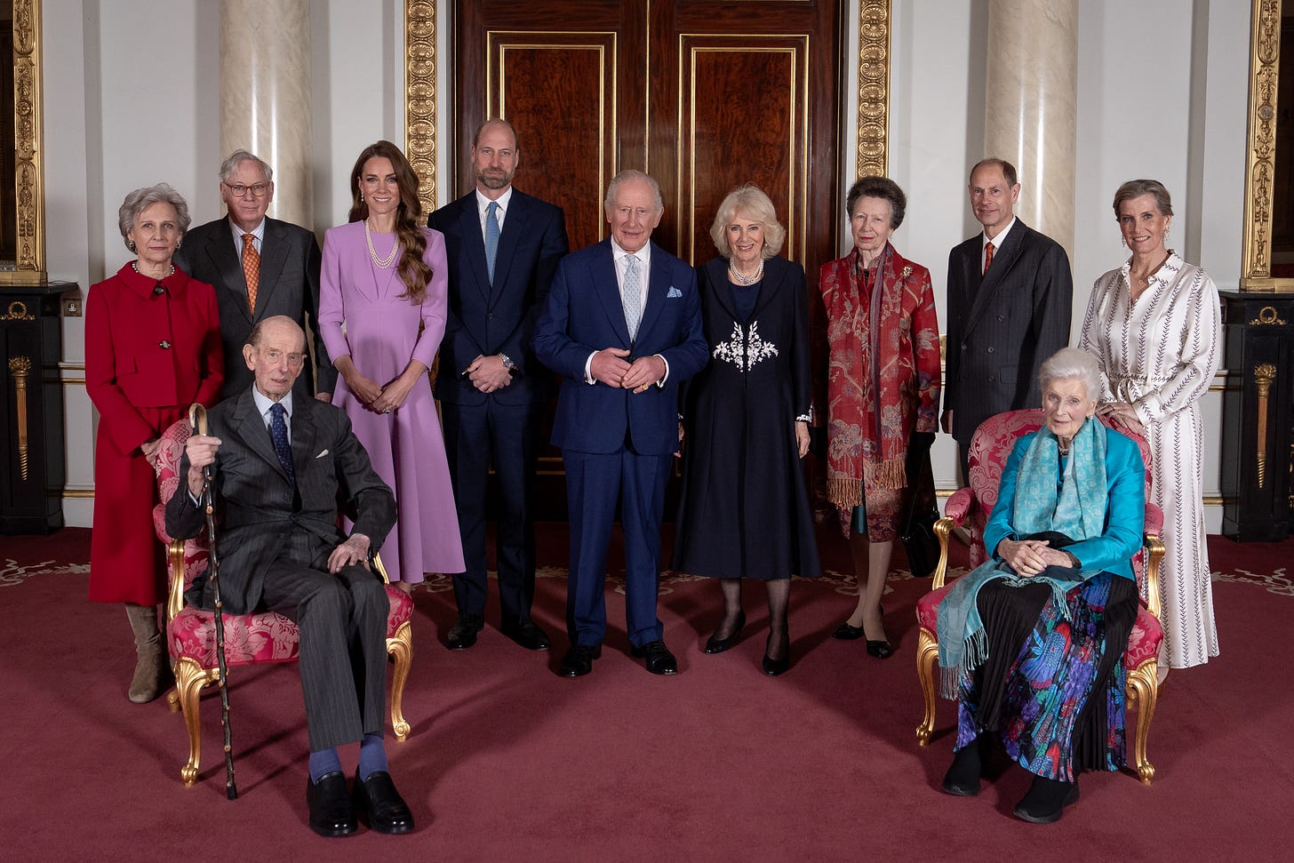 (from left to right) The Duchess of Gloucester, the Duke of Gloucester, the Duke of Kent, the Princess of Wales, the Prince of Wales, King Charles III, Queen Camilla, the Princess Royal, the Duke of Edinburgh, Princess Alexandra and the Duchess of Edinburgh posing for a photo together in Buckingham Palace
