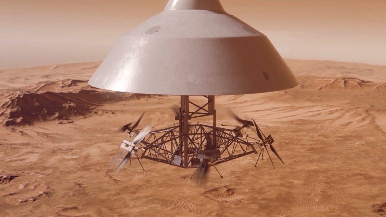 An illustration showing a helicopter landing on Mars An illustration showing a helicopter landing on Mars