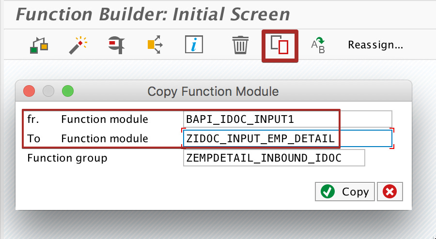 Copy inbound iDoc processing function module to custom z function module. Copy inbound iDoc processing function module to custom z function module.