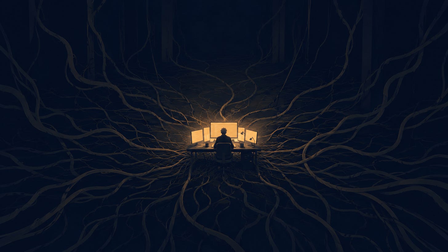 Lone engineer at a desk in a dark room, surrounded by glowing screens and tangled cable-like vines. Lone engineer at a desk in a dark room, surrounded by glowing screens and tangled cable-like vines.