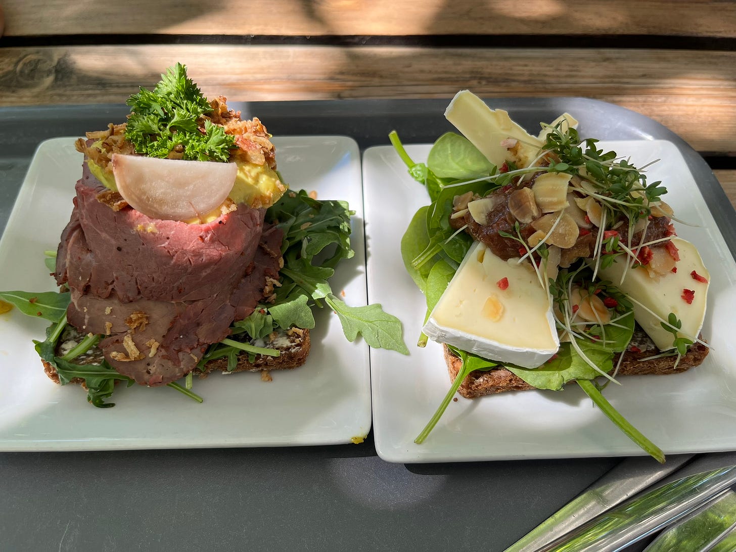 2 plates, each with an open-faced sandwich. The left one is topped with a large mound of roast beef and greens, with a mustard sauce, and the right one is topped with soft cheese, nuts, and greens, with a dark-colored jam