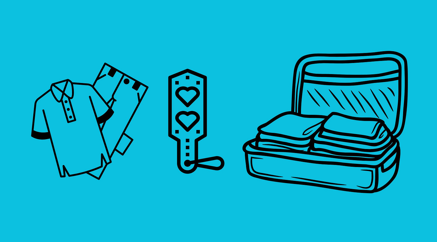 Graphics of clothes (left), paddle (center), and suitcase (right).