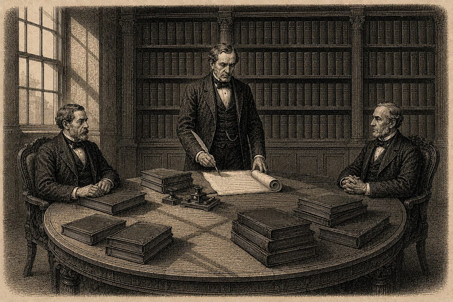 Wood-engraving editorial illustration in the Thomas Nast Harper's Weekly style for Attention Capital's essay The Playbook Already Built. The image depicts the interior of a credit-shop war room with three institutional figures gathered around a central round table covered in documents, with a half-rolled term sheet caught at the moment before signature. Behind them, a wall of empty bound credit volumes awaits the deals to come. The visual argument: the first rated deal in any new asset class is the moment the franchise is built, with structuring desk, rating agency, and senior buyer all required at the table to print the comp that subsequent deals reference. Keywords: rated ABS template, private credit structuring, athlete commercial ABS, action sports brand credit, creator audience ABS, first rated deal.