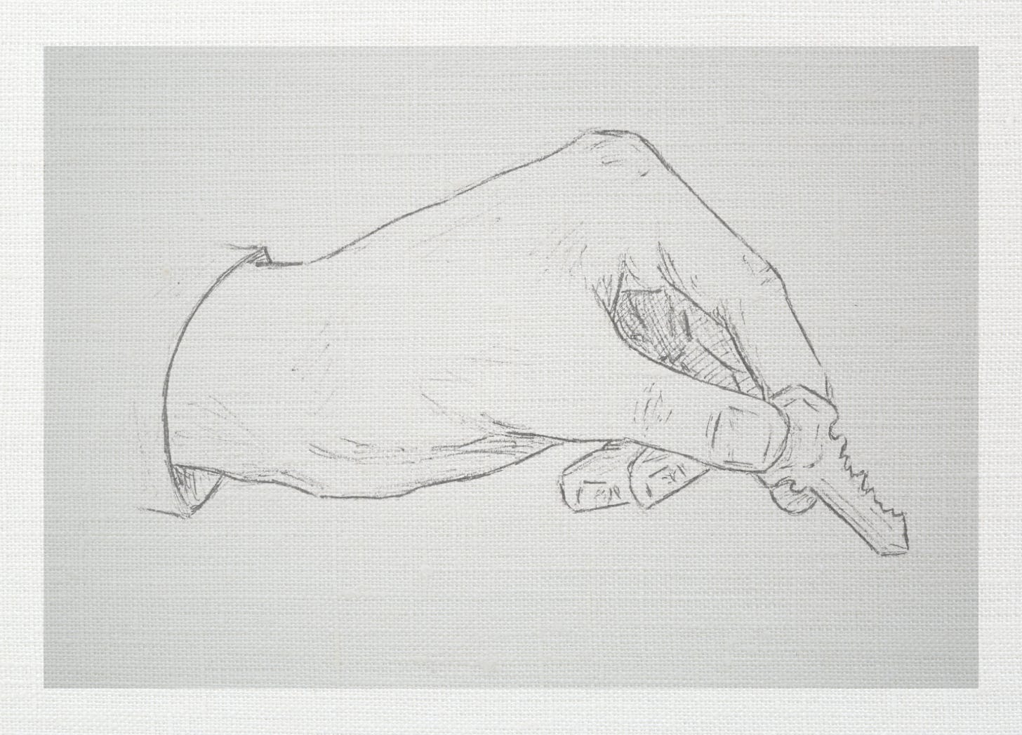 Pencil sketch of a hand turning a key on a neutral linen background Pencil sketch of a hand turning a key on a neutral linen background