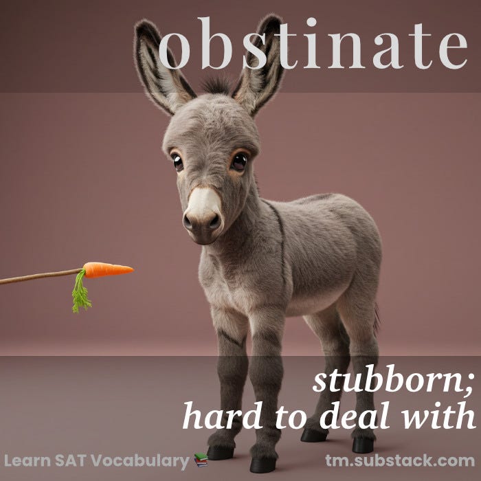 Illustration of a cute stubborn donkey refusing to be tempted by a carrot; used to illustrate the SAT word 'obstinate'.