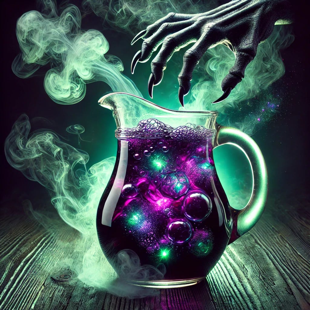 A glass pitcher reminiscent of a classic Kool-Aid jug, filled with a bubbling, eerie-looking witch's brew. The liquid inside glows in shades of dark purple and green, swirling with mysterious sparkles and mist. An ominous, clawed hand with bony fingers, covered in shadow, stirs the brew from the side of the pitcher. The scene is set against a dark, mystical background, adding a spooky, supernatural atmosphere. Steam rises from the pitcher, and small floating symbols or eerie light particles can be seen around the brew.