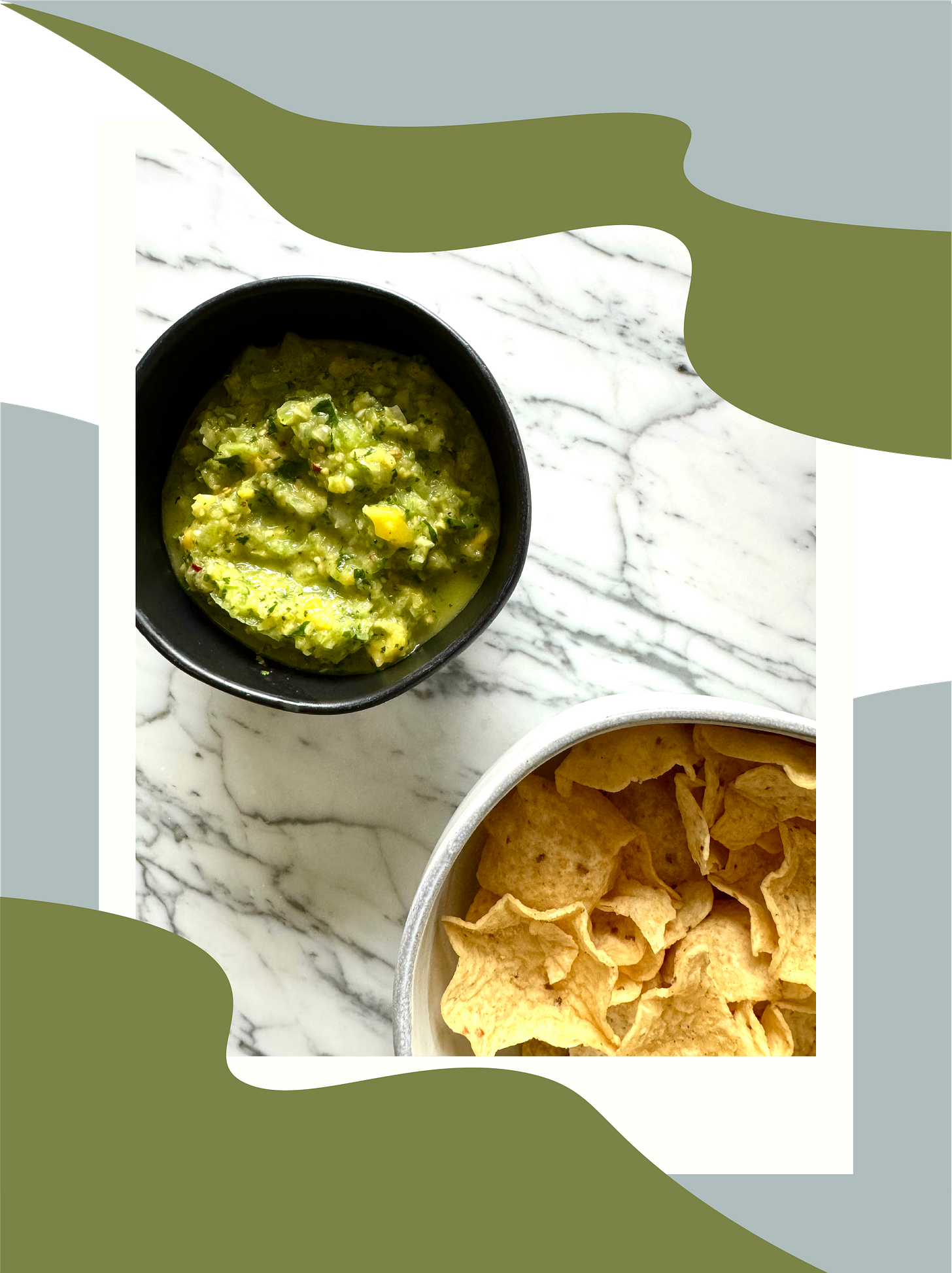 tortilla chips and green mango tomatillo salsa in bowls