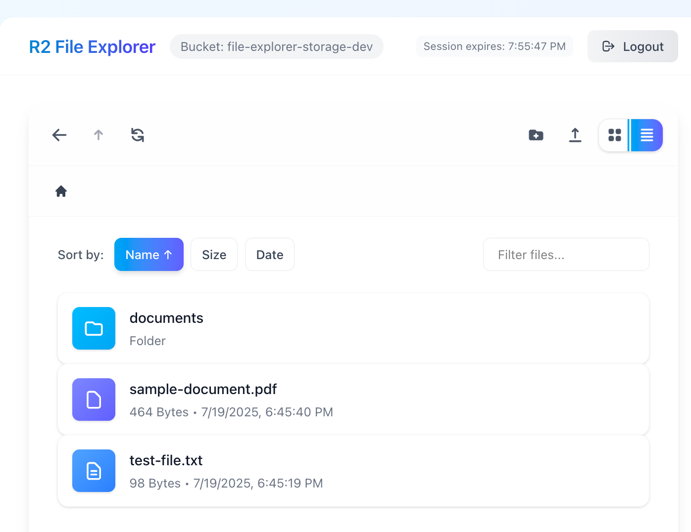 A webpage showing a list of files and directories. The page provides the ability to sort, refresh and download files.