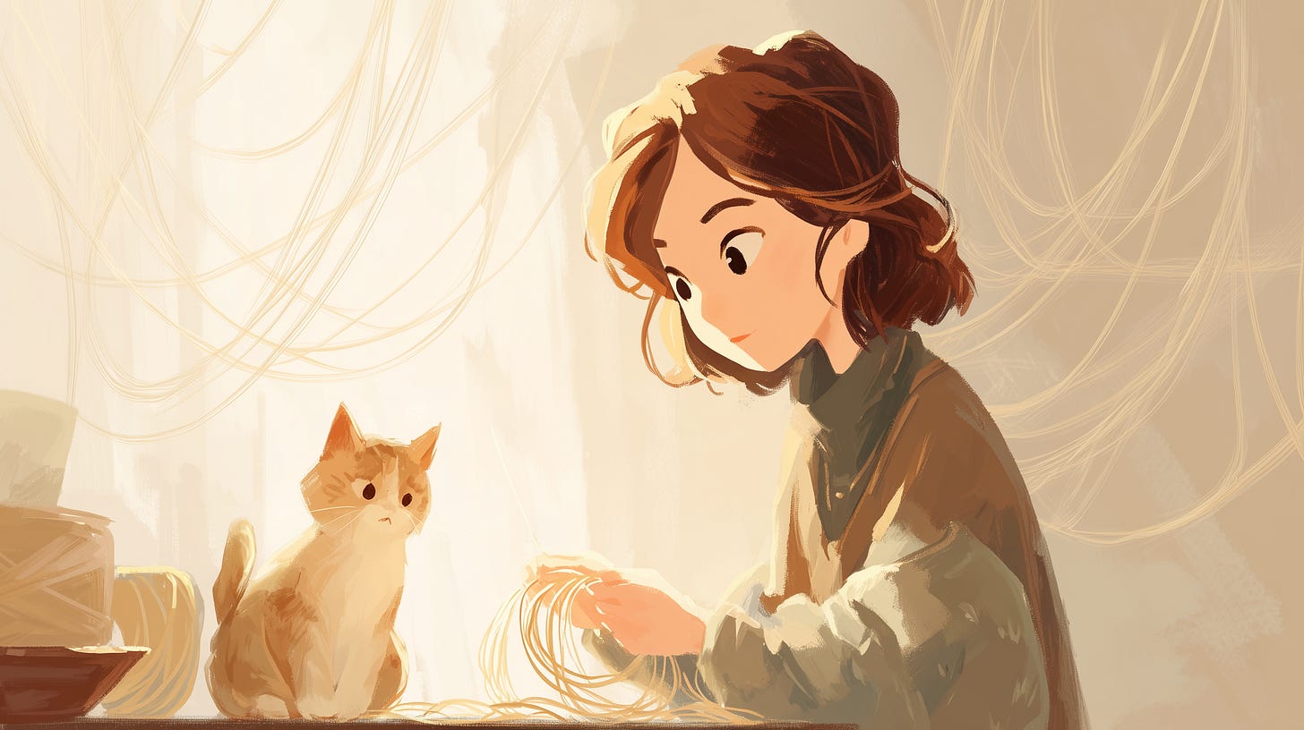 a creative and her cat sorting the threads of creativity