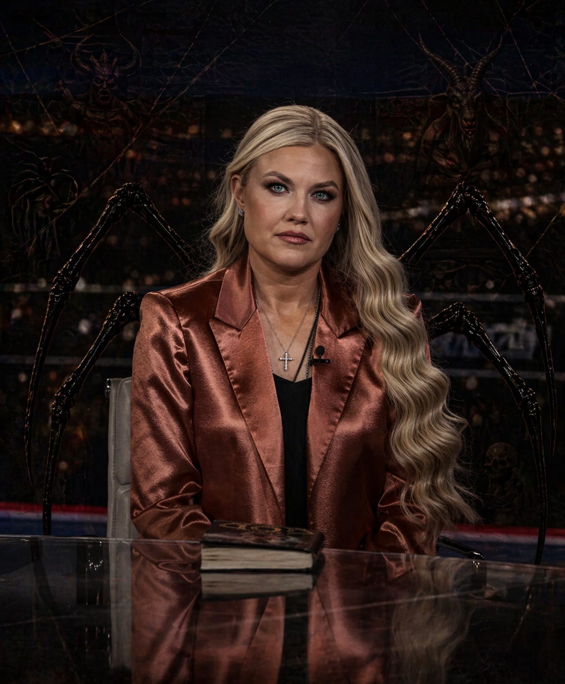 This image casts Erika Kirk in Black Widow form before Scripture and studio light: the perfect emblem of a deception that does not simply hide embarrassment, but manufactures moral cover around it. The same pattern that collapsed in Georgia also shaped the larger project — not Charlie Kirk remembered truthfully, but Charlie Kirk’s legacy managed, softened, and remade into something usable.