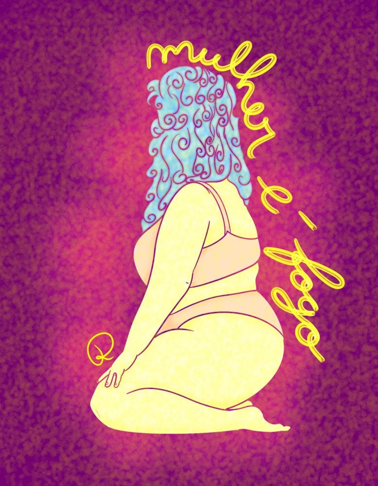 Arte digital mostra mulher de joelhos diante de um fundo roxo texturizado, junta à frase "mulher é fogo". A mulher é gorda, tem uma pele em tom amarelo claro, veste biquíni rosa claro e tem cabelos cacheados azul claros na altura dos ombros. Não é possível ver seu rosto.