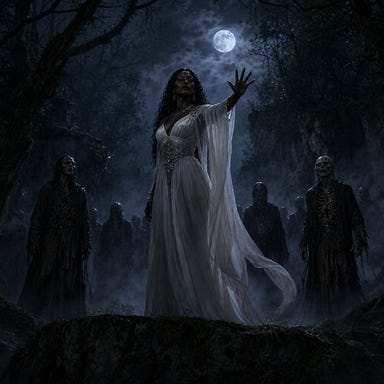 Statuesque dark-skinned vampiress in flowing white dress at edge of wooded hollow at night, hand raised in commanding gesture, undead figures motionless behind her, eerie moonlit fog