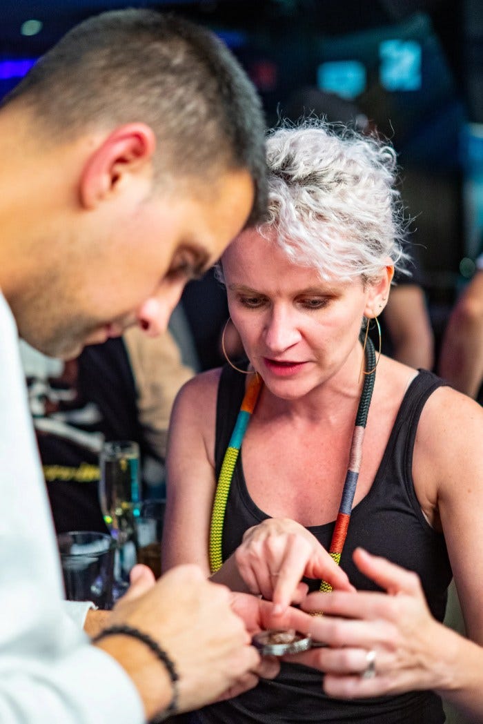 Fiona pointing out details of one of her watches to Christopher Daaboul of Esperluxe Fiona pointing out details of one of her watches to Christopher Daaboul of Esperluxe